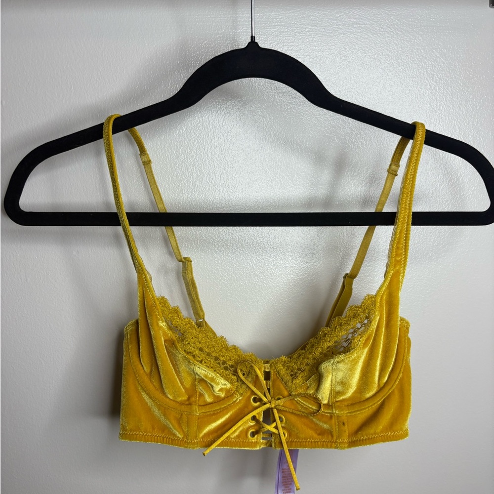 Yellow Lace-Trimmed Velvet Bralette